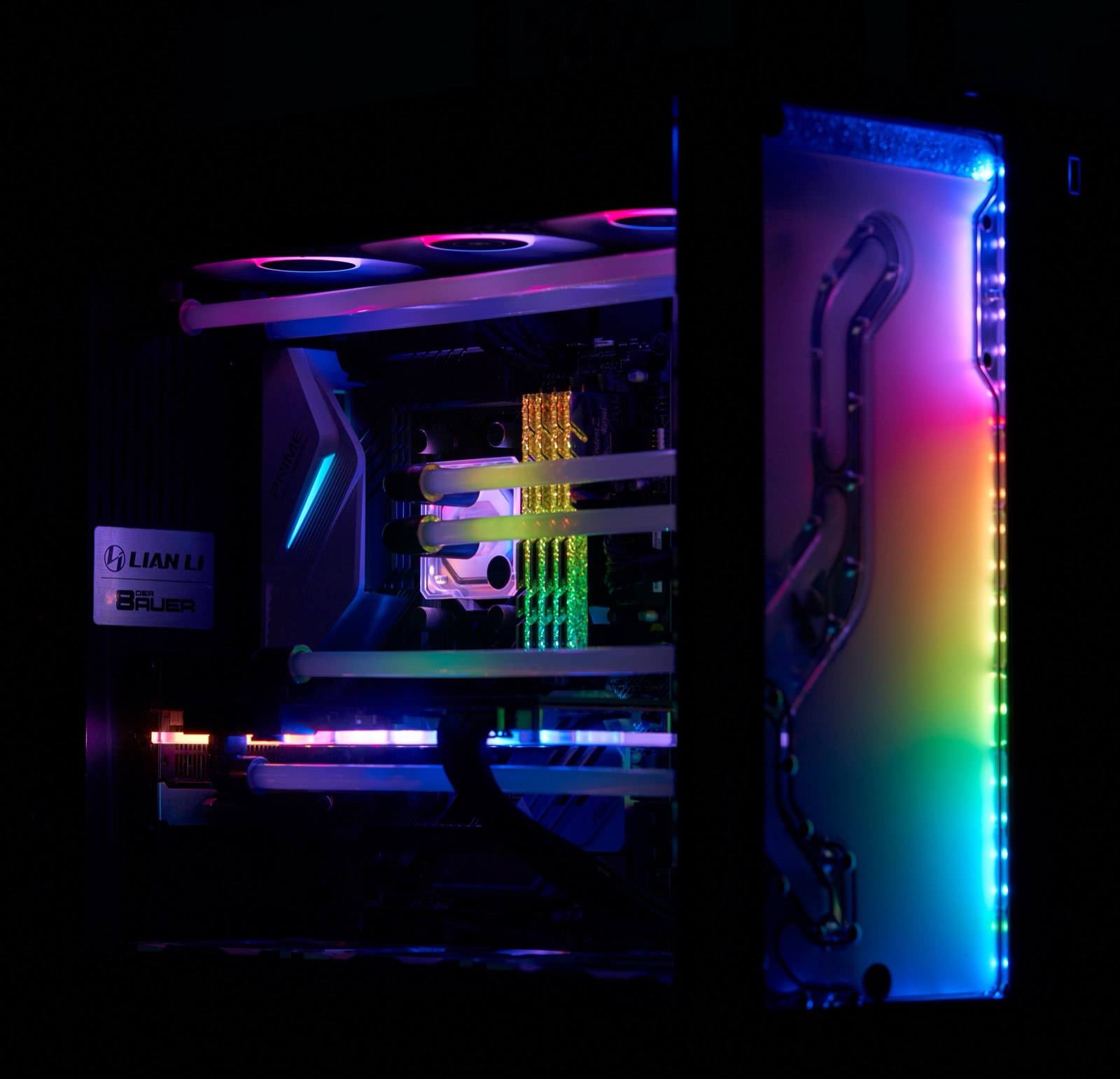 Inside a custom water-cooled PC with RGB lighting